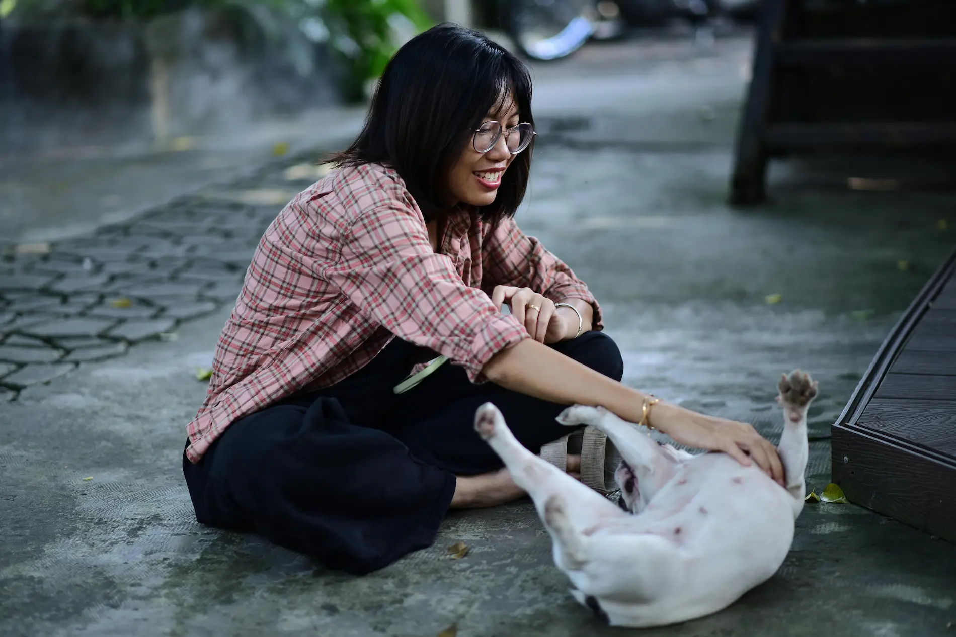 Chica sentada en el suelo jugando con su perro y sonriendo, transmitiendo bienestar emocional y conexión